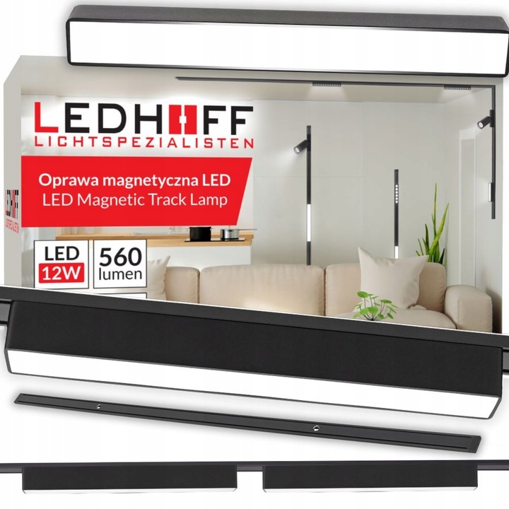Set iluminat pe sina magnetica, Ledhoff, B8283, 1x Profil sina 1m, 2x Spot LED liniar, 12W, 4000K, IP20, 560lm, 150°, DC48V, CE, clasa de eficienta energetica G, Negru