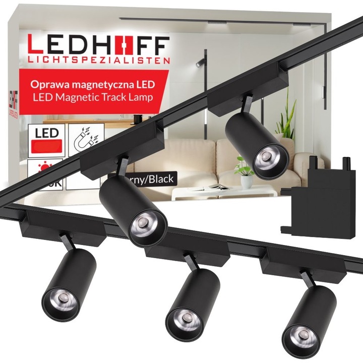 Set iluminat pe sina magnetica, Ledhoff, B8288, 2x Profil sina 1m, 5x Reflector lampa LED, 9W, 4000K, IP20, 720lm, 24°, DC48V, CE, clasa de eficienta energetica F, Negru