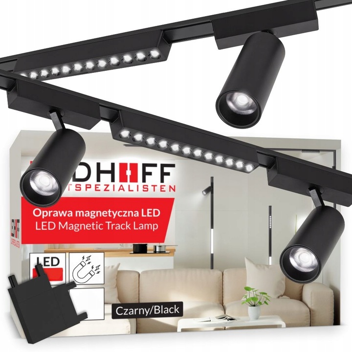 Set iluminat pe sina magnetica, Ledhoff, B8292, 2x Profil sina 1m, 5x Reflector lampa LED, 9W/12W, 4000K, IP20, 720lm/960lm, 24°, DC48V, CE, clasa de eficienta energetica F, Negru