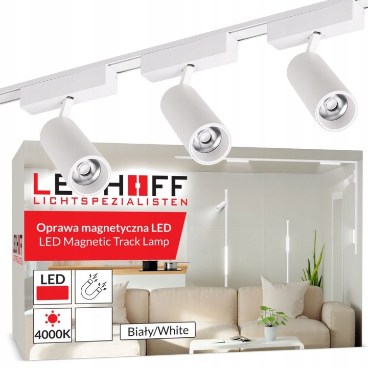 Set iluminat pe sina magnetica, Ledhoff, B8305, 1x Profil sina 1m, 3x Reflector lampa LED, 9W, 4000K, IP20, 720lm, 24°, DC48V, CE, clasa de eficienta energetica F, Alb