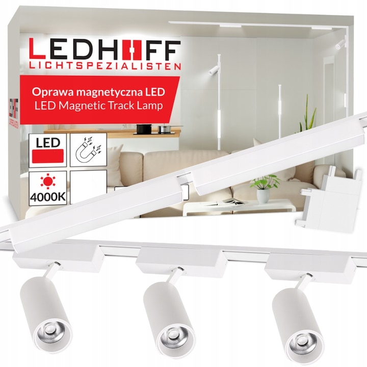 Set iluminat pe sina magnetica, Ledhoff, B8311, 2x Profil sina 1m, 5x Reflector lampa LED, 9W/12W, 4000K, IP20, 720lm/560lm, 24°/150°, DC48V, CE, clasa de eficienta energetica F/G, Alb