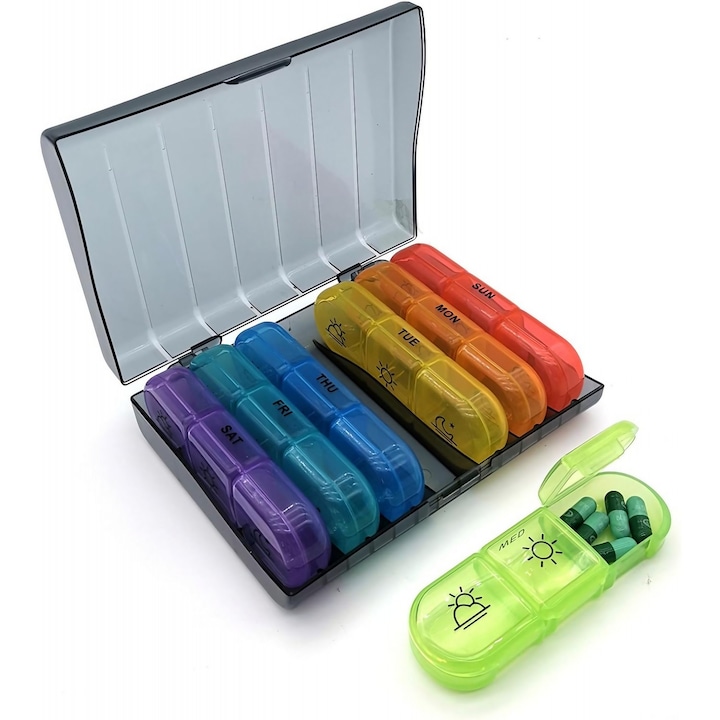 Кутия за съхранение на лекарства, Flippy, 7 дни, 21 цветни отделения, подвижни контейнери, преносима, черна, 15,6x12 cm