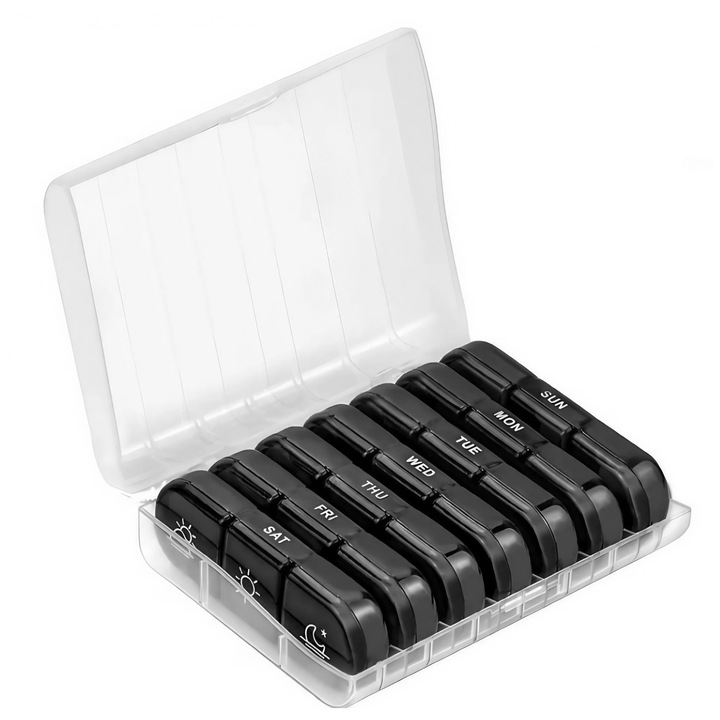 Кутия за съхранение на лекарства, Flippy, 7 дни, 21 черни отделения, подвижни контейнери, преносима, прозрачна, 15,6x12 cm