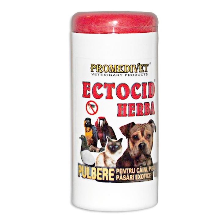 Pulbere antiparazitara Ectocid Herba, adjuvant in tratamentul infestatiilor cu purici si paduchi la caini, pisici si pasari de colivie, 50 g