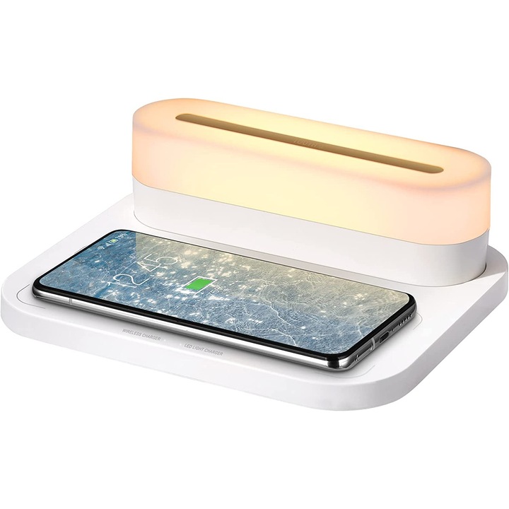 Incarcator Wireless cu lampa led Axeloni®, statie de incarcare compatibila cu iPhone/Samsung/Huawei/Airpods, lampa de veghe detasabila pentru dormitor, Alb