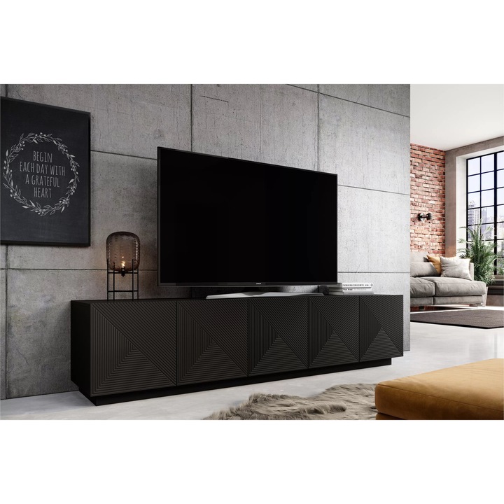 Comoda TV, Bogart, Asha, Cu Cinci Usi Cu Partea Frontala Canelata, 200 x 46 x 40 cm, PAL/MDF/HDF, Negru Mat