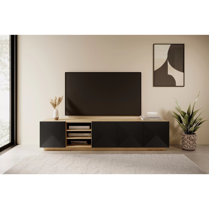 Comoda TV, Bogart, Asha, Cu Partea Frontala Canelata Si Nisa, 200 x 46 x 40 cm, PAL/MDF/HDF, Negru/Lemn