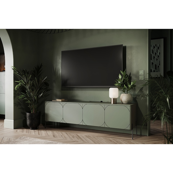 Comoda TV, Bogart, Sonatia, Cu Patru Usi Si Doua Sertare Ascunse, 204 x 65 x 45 cm, MDF/HDF, Olive
