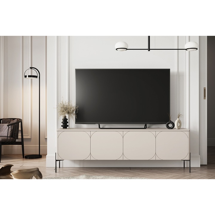 Comoda TV, Bogart, Sonatia, Cu Patru Usi Si Doua Sertare Ascunse, 204 x 65 x 45 cm, MDF/HDF, Casmir