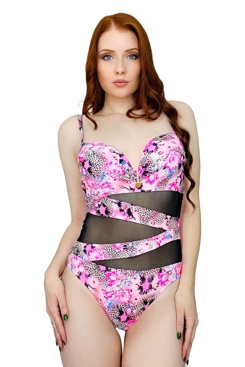 Costum de baie intreg MaXena, cu perle si detaliu cu tull, Roz