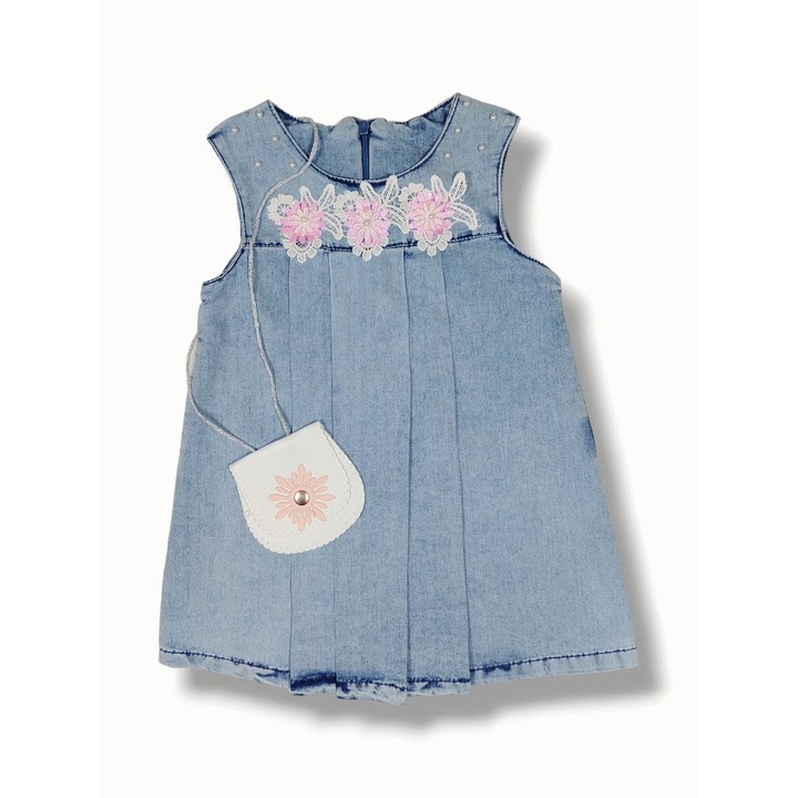 Дънкова рокля и чанта MADELEINE за деца/момичета, ERAKIDS, A кройка, флорални апликации, лека материя, първокласен памук, син деним