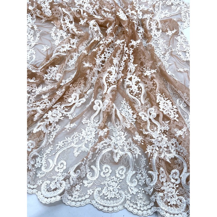 Material textil dantela cu broderie, nude alb, 130 x 100 cm