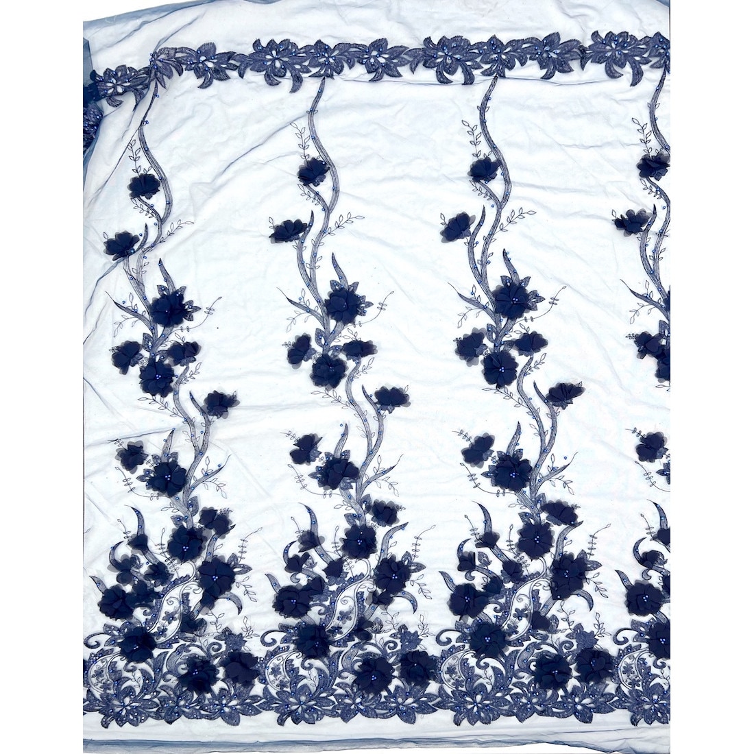 Material textil dantela cu broderie, albastru inschis, 130 x 100