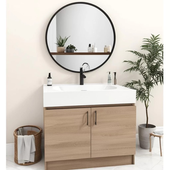 Oglinda baie rotunda cu raft, etajera, cuier, oglinda decorativa, de perete, rama neagra din metal, pentru hol, 70x70 cm, Callena