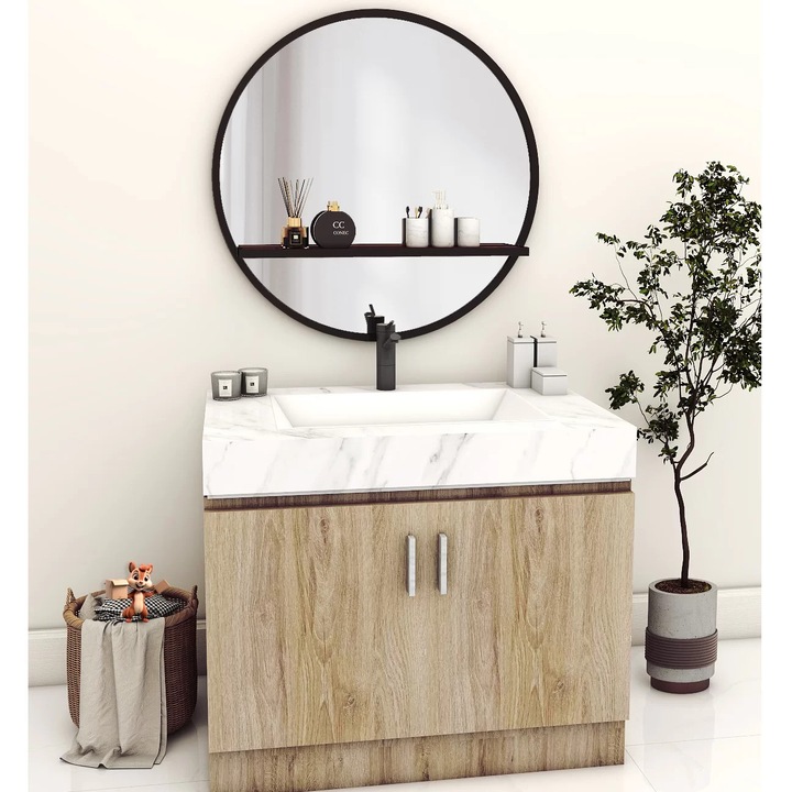 Kerek tükör, Callena, polccal, fém, fekete, 70x70cm