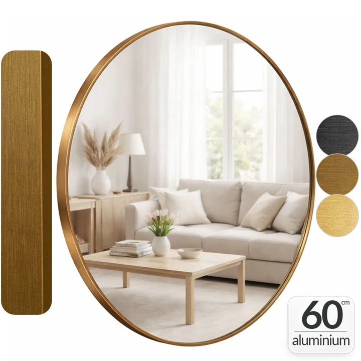 Oglinda baie rotunda 60cm, cu rama Bronz, oglinda de perete, decorativa, pentru hol, sufragerie, living, baie, din aluminiu, Callena