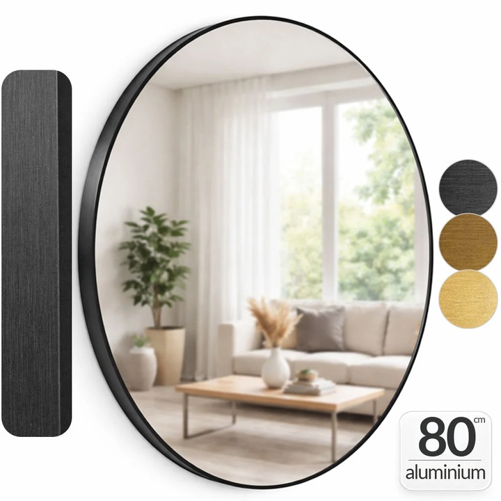 Oglinda baie rotunda 80cm, cu rama Neagra, oglinda de perete, decorativa, pentru hol, sufragerie, living baie, din aluminiu, Callena