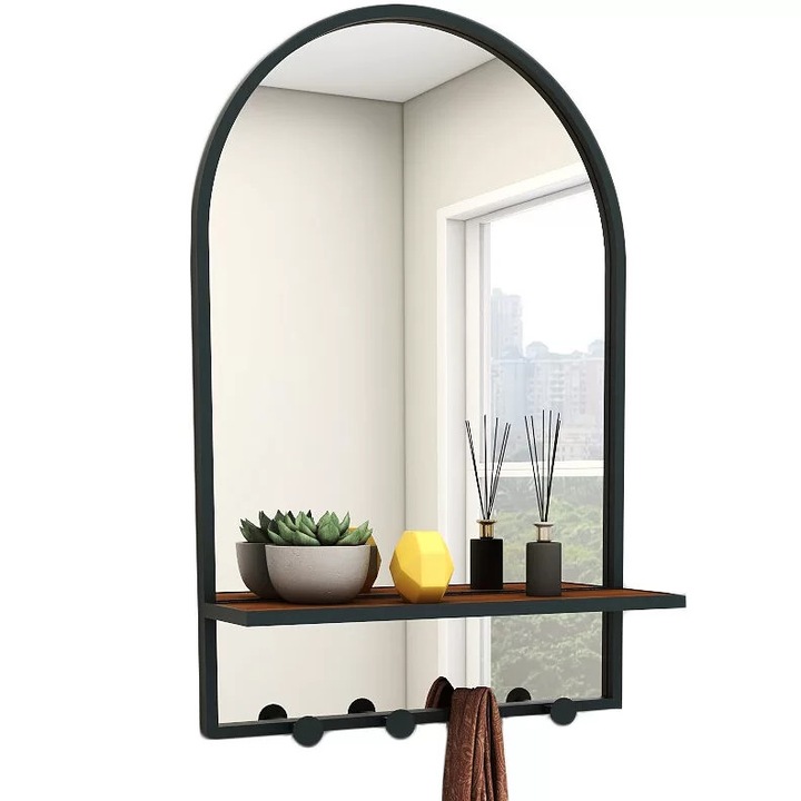 Oglinda baie arcada cu raft, etajera, cuier, oglinda decorativa, de perete, rama neagra din metal, pentru hol, 90x60 cm, Callena