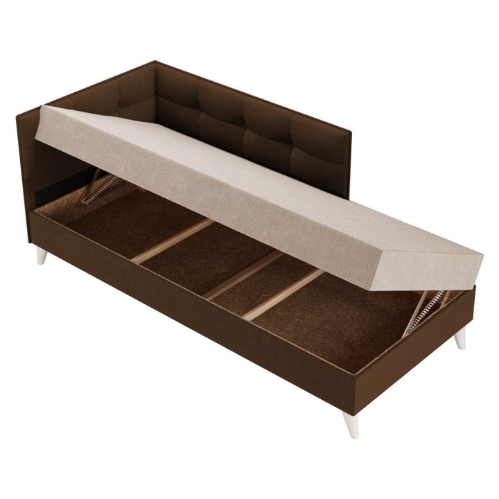 Pat o persoana Story, rabatabil, cu lada, tapitat stofa, 193 x 83 x 75 cm, Crem / Maro