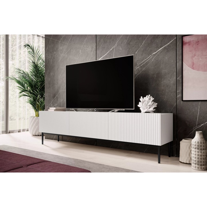 Comoda TV, Bogart, Nicole, Cu Sertar Si Picioare Metalice, 200 x 53 x 45 cm, PAL/MDF/HDF, Alb Mat/Negru