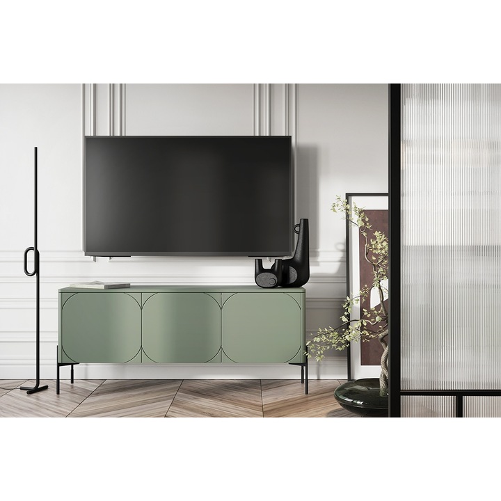 Comoda TV, Bogart, Sonatia, Trei Usi Cu Sertar Ascuns, 154 x 65 x 45 cm, MDF/HDF, Olive