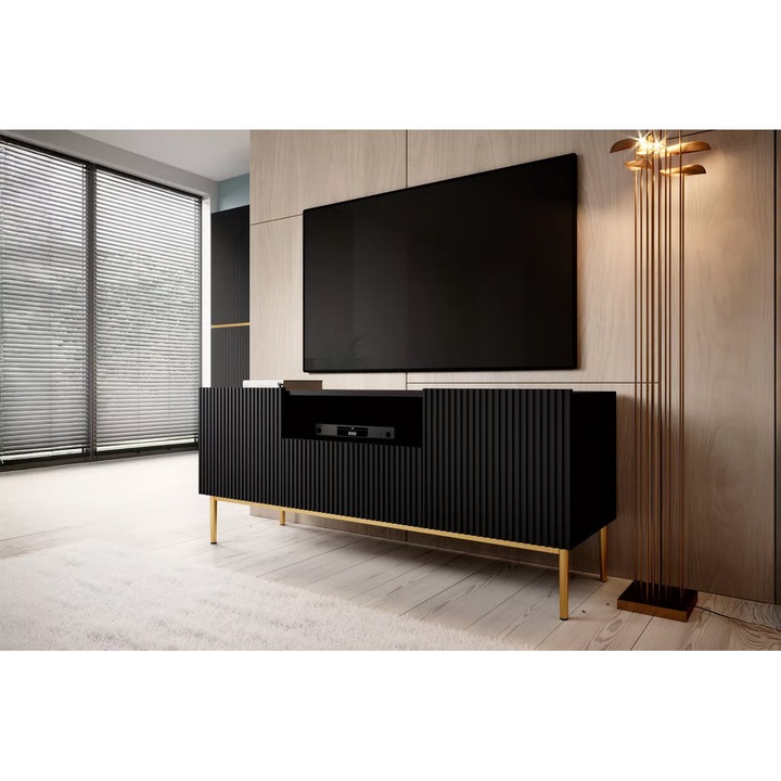 TV szekrény, Bogart, Nicole, fiókkal, nyílással és fém lábakkal, 150 x 60 x 45 cm, forgácslap/MDF/HDF, matt fekete/arany