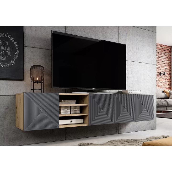 Comoda TV, Bogart, Asha, Agatat Cu Fata Canelata Si Nisa, 200 x 40 x 40 cm, PAL/MDF/HDF, Gri/Lemn