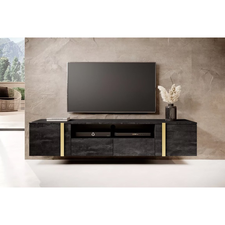 TV-szekrény, Bogart, Verica, Fiókokkal és fém fogantyúkkal függő, 200 x 40 x 45 cm, Forgácslap/HDF, Fekete/Arany