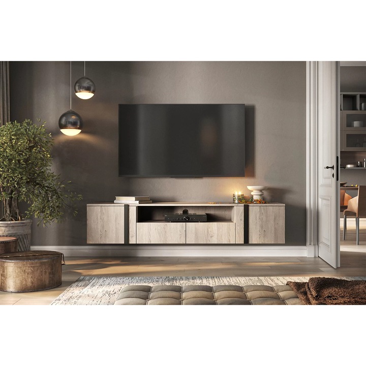 Comoda TV, Bogart, Verica, Agatat Cu Sertare Si Nise, 200 x 40 x 45 cm, PAL/HDF, Lemn/Negru