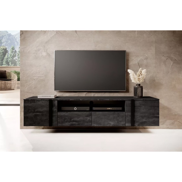 TV-szekrény, Bogart, Verica, Fiókokkal és fülkékkel függő, 200 x 40 x 45 cm, Forgácslap/HDF, Fekete