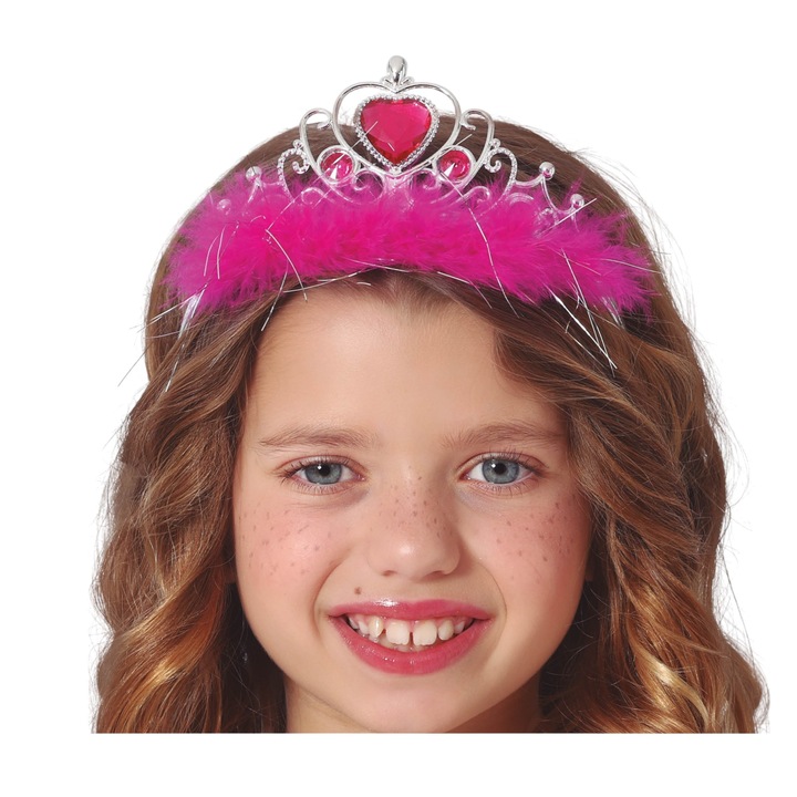 Coronita de printesa pentru copii, plastic, Argintiu, pietre si puf roz
