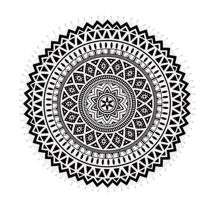 Prosop pentru plaja alb rotund Shopiens® cu model mandala negru cu mici franjuri albe in jur, uscare rapida, 150 cm