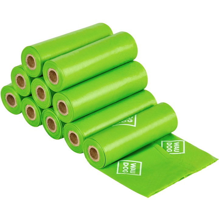 Set Saci de igiena 100% Biodegradabili pentru caini si pisici, WAUDOG, 10 role, 70 bucati, 20x25 cm, Verde