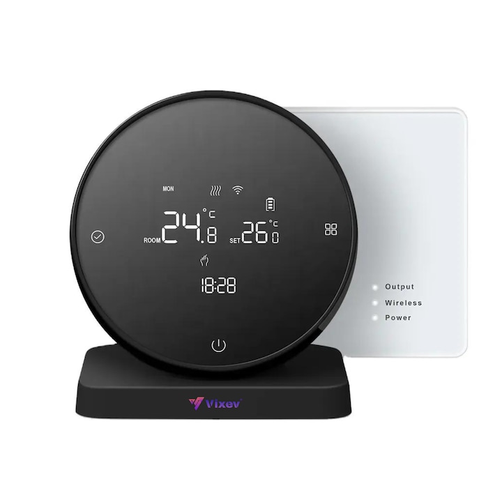 Termostat de Ambient Inteligent Smart Vixev, Programabil, WIFI si RF Wireless, Touchscreen, Control Vocal si de la Distanta via Internet, Compatibil cu Tuya/Google, Universal - Centrale Termice si Incalzire Pardoseala, Kit Complet cu Receiver, Negru
