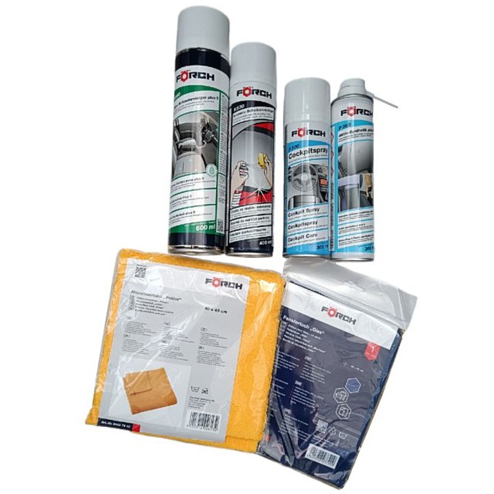 Set profesional intretinere interior auto cu 4 spray-uri si 2 lavete