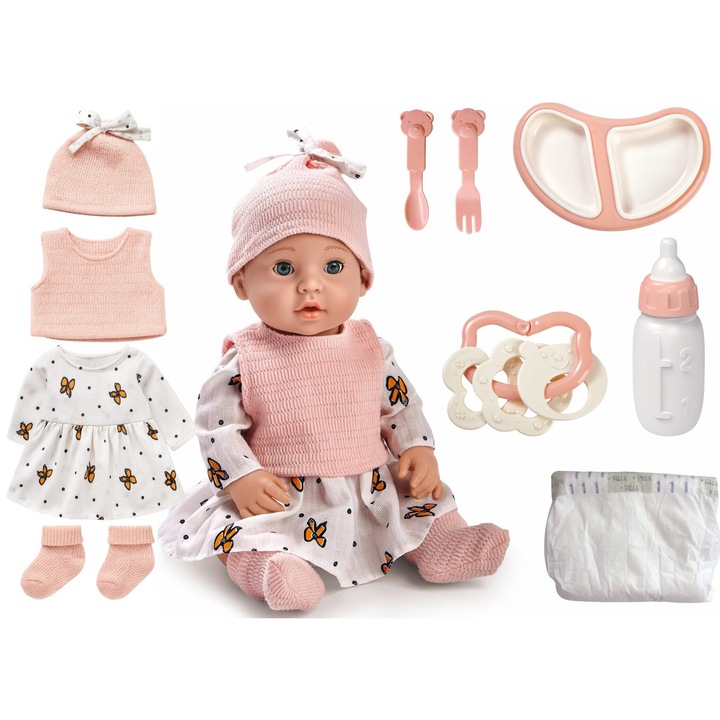 Papusa Bebelus, LUCKYBABY, 6 Accesorii: Scutec, Zornaitoare, Biberon, Farfurie si Tacamuri, Inaltime 40cm, Indiggo®, Alb/Roz