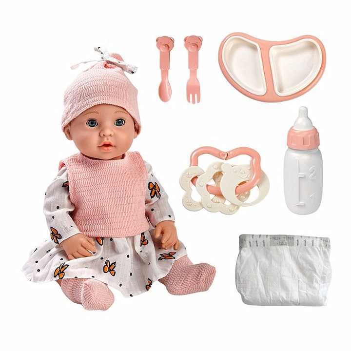 Papusa Bebelus, LUCKYBABY, 6 Accesorii: Scutec, Zornaitoare, Biberon, Farfurie si Tacamuri, Inaltime 40cm, Indiggo®, Alb/Roz
