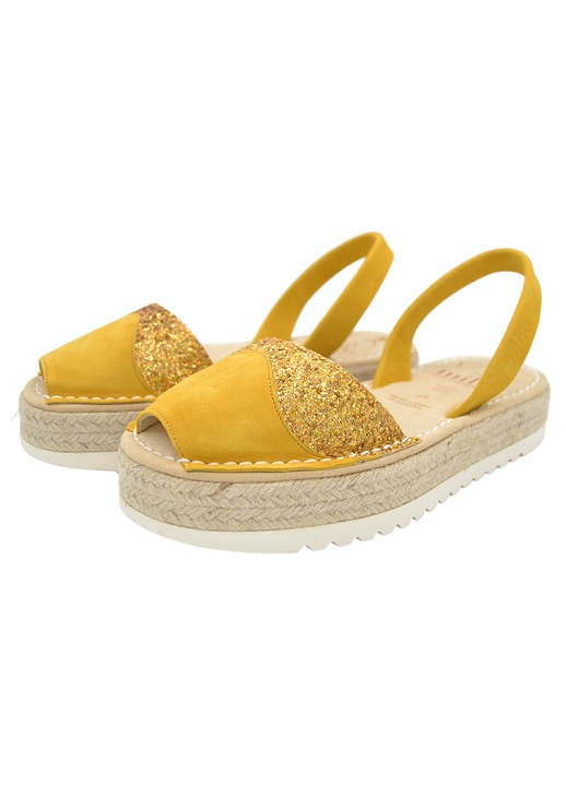 Sandale AVARCA de Menorca cu talpa inalta 3.5cm piele intoarsa, Glitter Galben, Galben