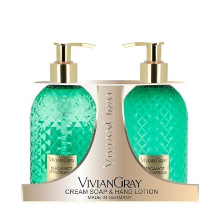 Set Sapun lichid Unisex Vivian Gray Gemstone Green Lemongrass and Bergamota, 300 ml + Crema de maini, 300 ml