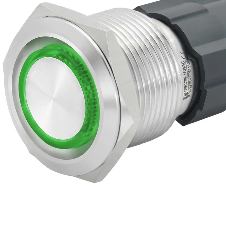 Buton Metalic Push 22mm cu RETINERE, 220V-10A, Led Verde, ElectroAZ