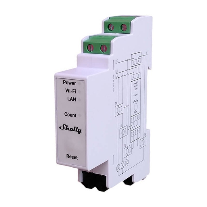 Releu WiFi Shelly PRO 3EM 400A trifazat, Contor de Energie, Din Rail, 2 faze, Alb