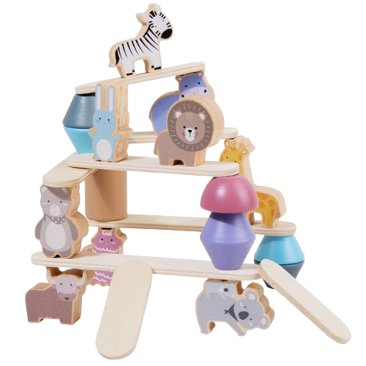 Jucarie educativa Montessori pentru copii, set 24 piese figurine si forme de lemn pentru stivuire, Animal Balance Jenga, 3 ani, Edujucarii