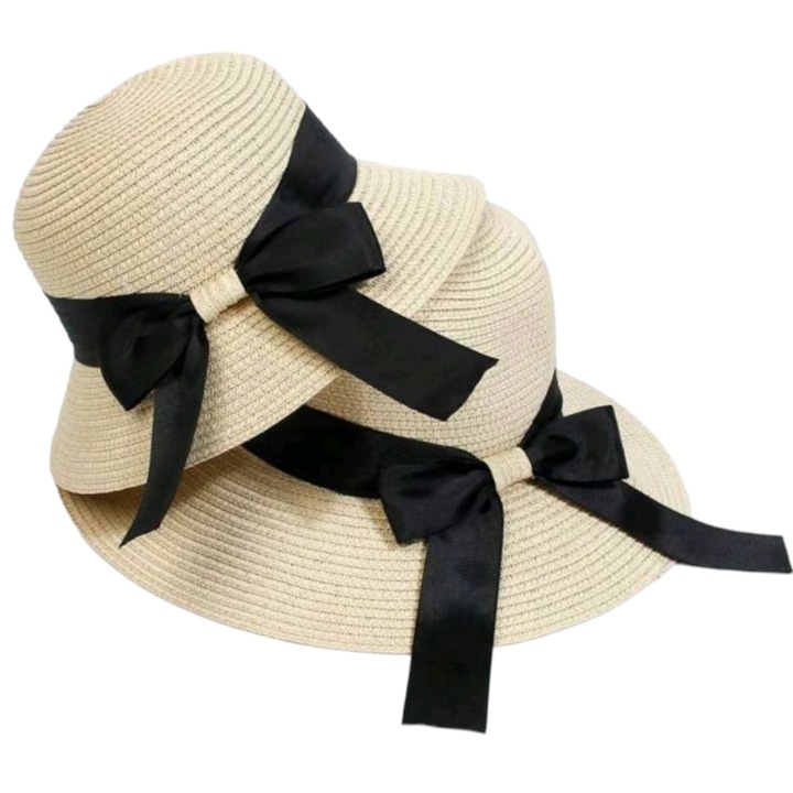 Set mama fiica de palarii de soare din paie, bej cu funda neagra