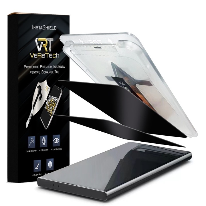 Протектор Privacy InstaShield by VeReTech за Samsung Galaxy S24 Ultra, с комплект за незабавно нанасяне и функция за автоматично отстраняване на прах, изработено от 9H+ защитено стъкло, Super HD яснота, електронно олеофобно покритие