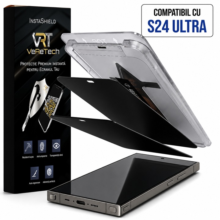 Folie de Protectie Privacy InstaShield by VeReTech pentru Samsung Galaxy S24 Ultra, cu Kit de Aplicare Instanta si Functie Automata de Indepartare a Prafului, din Sticla Securizata 9H+, Claritate Super HD, Tratament Electronic Oleofobic si Anti Amprente