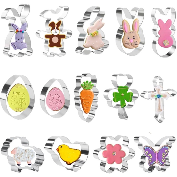 Set 14 forme pentru Prajituri si fursecuri de Paste, Iepuras, Pui, Ou, Floare, Iepure, Fluture, Oaie, Cruciulita, Trifoi, Inox, Argintiu