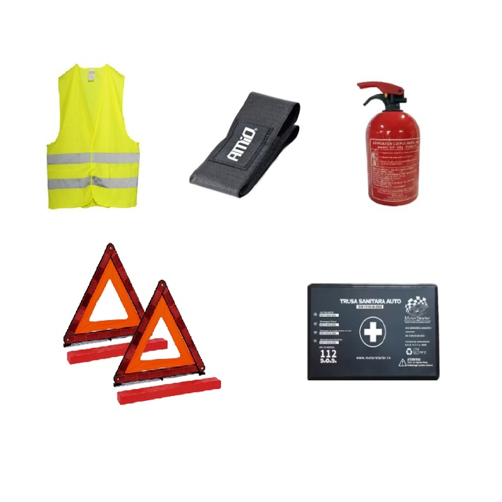 Kit siguranta auto omologat R.A.R. - Stingator P1 cu Suport Velcro, Trusa Medicala, Vesta Reflectorizanta, 2xTriunghiuri