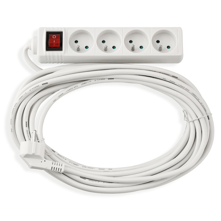 Cablu prelungitor cu intrerupator 10m, 4 x priza de alimentare 230V, alb
