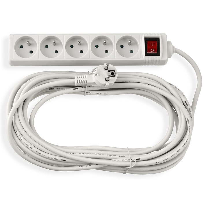 Cablu prelungitor cu intrerupator cu banda de 10 m, 5 x priza de alimentare 230 V, alb