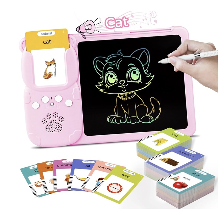 2 az 1-ben LCD tábla, gyerekeknek, interaktív és oktatási, írás és rajzolás, 112 kártya 224 angol szóval és hangos lejátszással, játék angol nyelvtanuláshoz, toll íráshoz és rajzoláshoz, rózsaszín